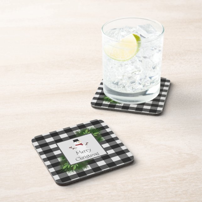 Snowman Buffalo Plaid Plastic Coaster (Right Side)