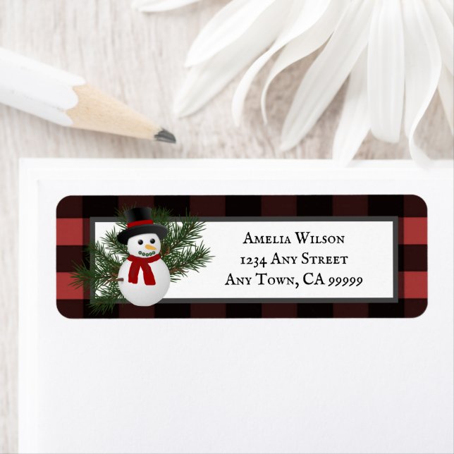 Snowman Buffalo Plaid Return Address Label (Insitu)