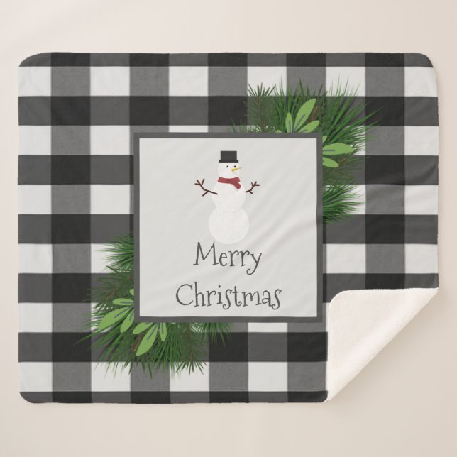 Snowman Buffalo Plaid Sherpa Blanket | Black (Devant (Horizontal))