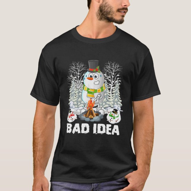Snowman Campfire Idea Bad Funny Camping Christmas T-Shirt (Front)