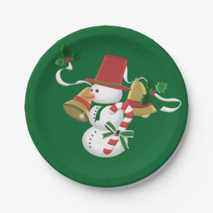 Snowman Candy Cane Bells Christmas Paper Plate