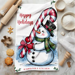 Snowman Candy Cane Happy Holidays Christmas Kitchen Towel<br><div class="desc">Bring holiday cheer to your kitchen with this adorable personalized Christmas kitchen towel featuring a festive snowman holding a large candy cane wrapped in a red bow. With holly accents and "Happy Holidays" greeting, this towel adds a joyful touch to your holiday baking and decorating. Customize with your name or...</div>