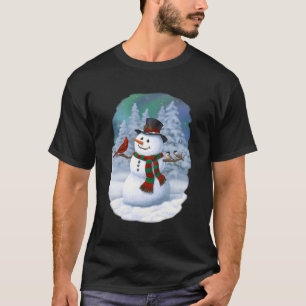 Snowman Cardinal Bird Chickadees Winter Snow Scene T-Shirt
