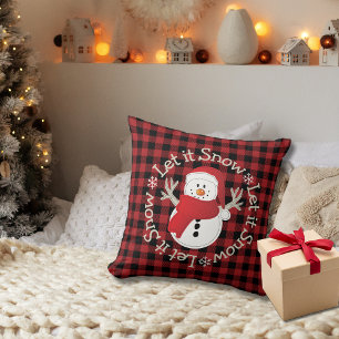Snowman Cartoon Red Black Plaid Rustic Let it Snow Throw Pillow
