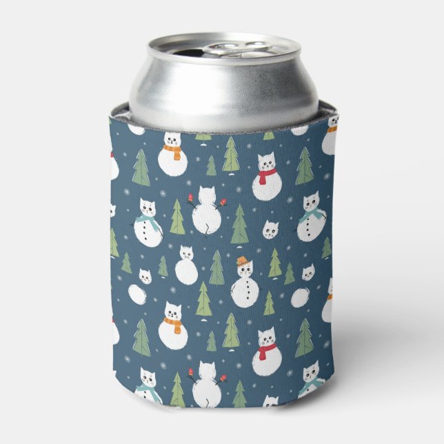 Snowman Cats Holiday Pattern Can Cooler (Can Front)