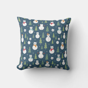 Snowman Cats Holiday Pattern Throw Pillow