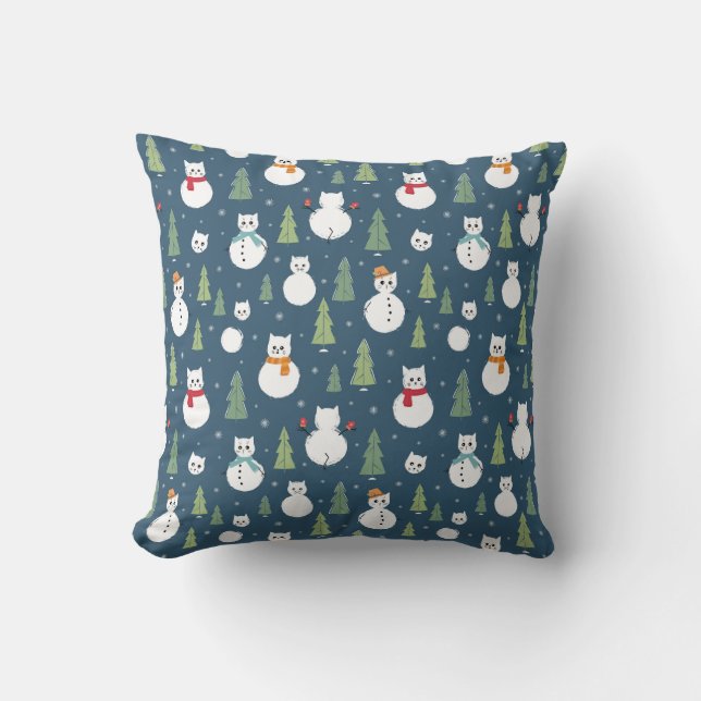 Snowman Cats Holiday Pattern Throw Pillow (Front)