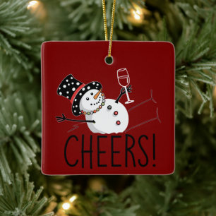 Snowman Cheers Wine Christmas Funny Xmas Winter  Ceramic Ornament