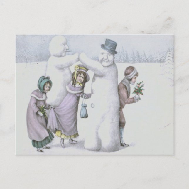 Snowman Children Playing Snow Field Postcard (Front)