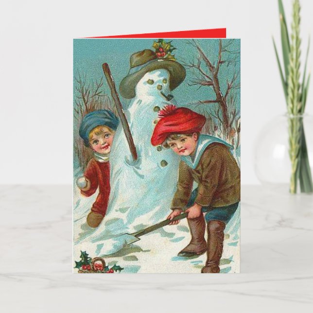 Snowman Children Snow Holly Holiday Card (Front)