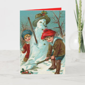 Snowman Children Snow Holly Holiday Card