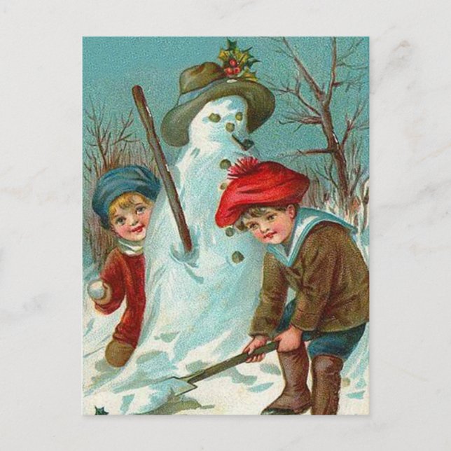 Snowman Children Snow Holly Postcard (Front)