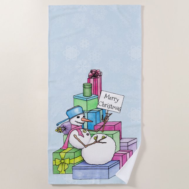 Snowman chilling on presents beach towel (Front)