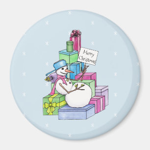 Snowman chilling on presents magnet