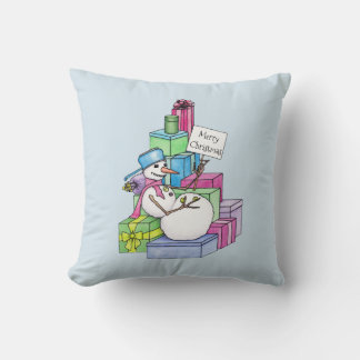 Snowman chilling on presents throw pillow