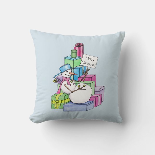 Snowman chilling on presents throw pillow (Front)