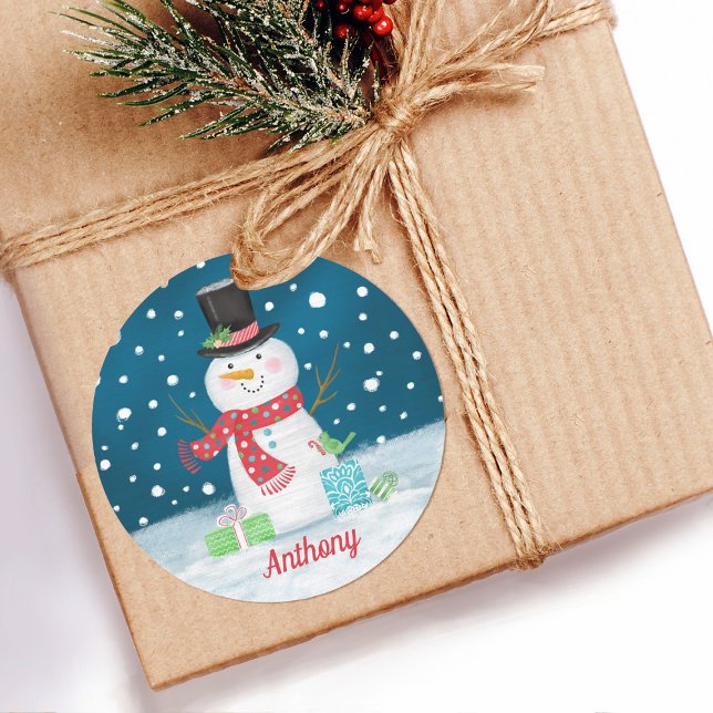Snowman Christmas Holiday Personalized Sticker (A cute Christmas snowman sticker for your holiday gift packages. Personalize it with a name.)