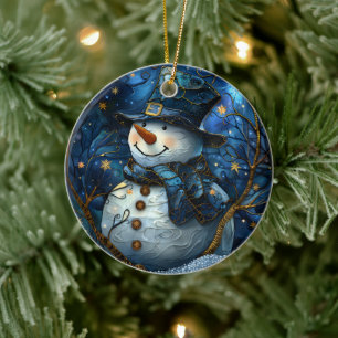 Snowman Christmas Ornament Blue Faux Stained Glass