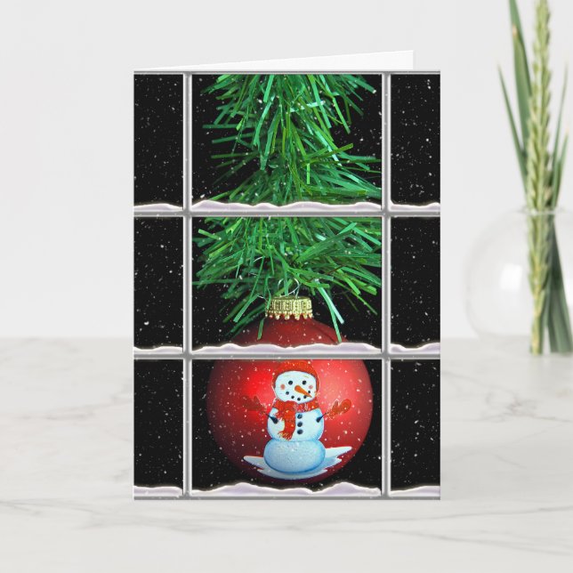 snowman Christmas ornament in winter windowpane Holiday Card (Front)
