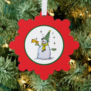snowman christmas ornament with broom and stars card