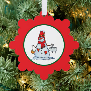 snowman christmas ornament with hearts and icicles card