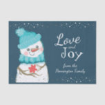Snowman Christmas Personalized Family Name Tissue Paper<br><div class="desc">Lovely snowman with faux silver foil confetti snow border. Custom family name is easy to change. Great extra touch to your holiday gifts.</div>