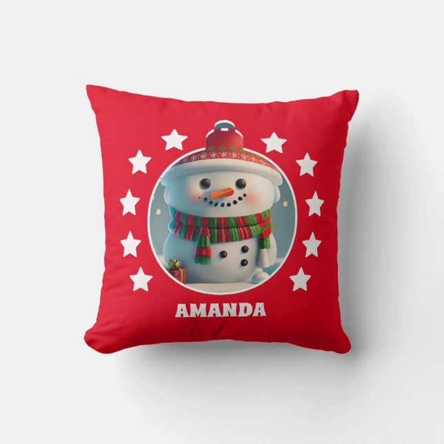 Snowman Christmas Personalized Kids Red Throw Pillow (Front)