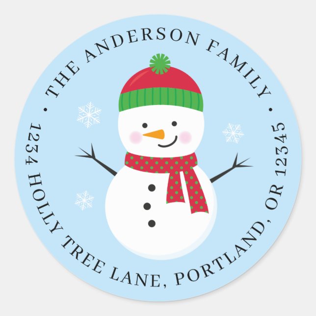 Snowman Christmas Return Address Label Round (Front)
