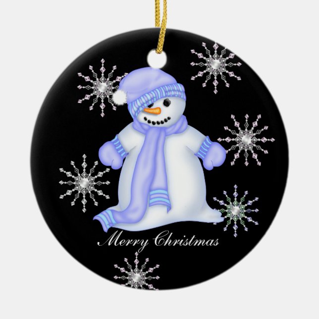 Snowman Christmas Snowflakes Ceramic Ornament (Front)