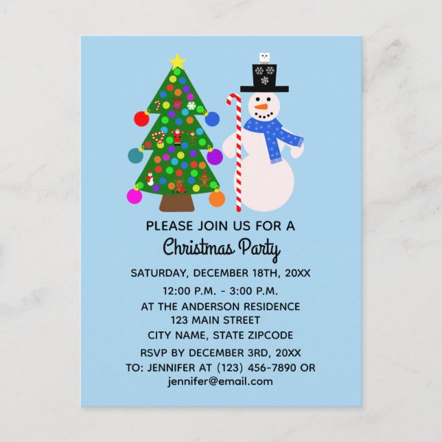 Snowman & Christmas Tree #3 Invitation Postcard (Front)