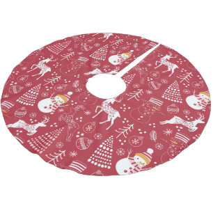 Snowman, Christmas Tree and Deer, Winter Red Brushed Polyester Tree Skirt