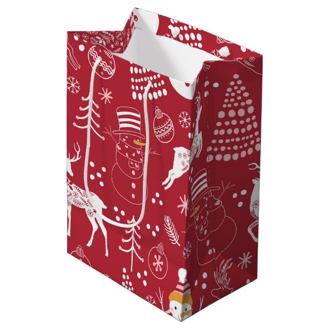 Snowman, Christmas Tree and Deer, Winter Red Medium Gift Bag (Front Angled)