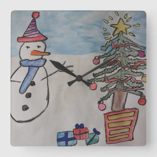 Snowman & Christmas Tree Horloge murale