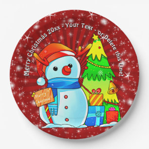 Snowman Christmas Tree Presents Year Text Red 9" P Paper Plate