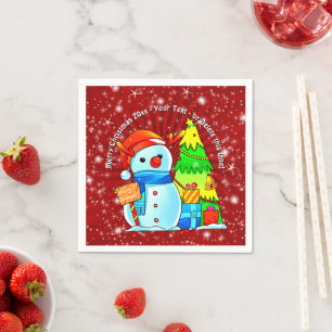 Snowman Christmas Tree Presents Year Text Red Napkin