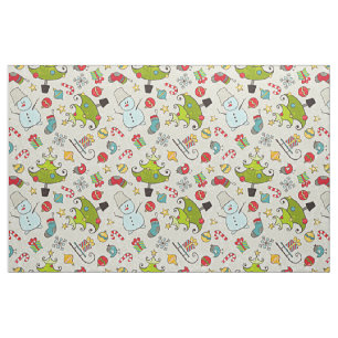 Snowman Christmas Tree Sleigh Illustration Fabric