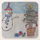 Snowman & Christmas Tree Square Paper Coaster<br><div class="desc">Look how proud the cute snowman is! He has been working hard and now has a beautifully decorated Christmas tree as a reward for his efforts. He has hung colored glass balls, draped the evergreen boughs with sparkly tinsel and put a shining star on the top. Join the snowman in...</div>