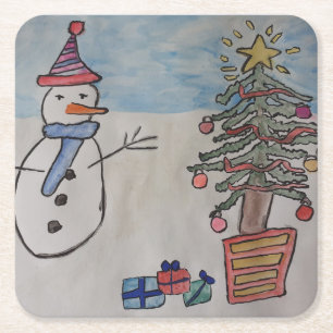 Snowman & Christmas Tree Square Paper Coaster