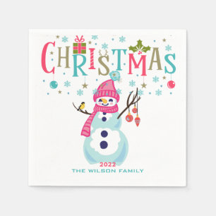 Snowman Christmas Turquoise Red Pink Personalized Napkin