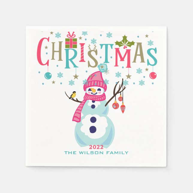 Snowman Christmas Turquoise Red Pink Personalized Napkin (Front)