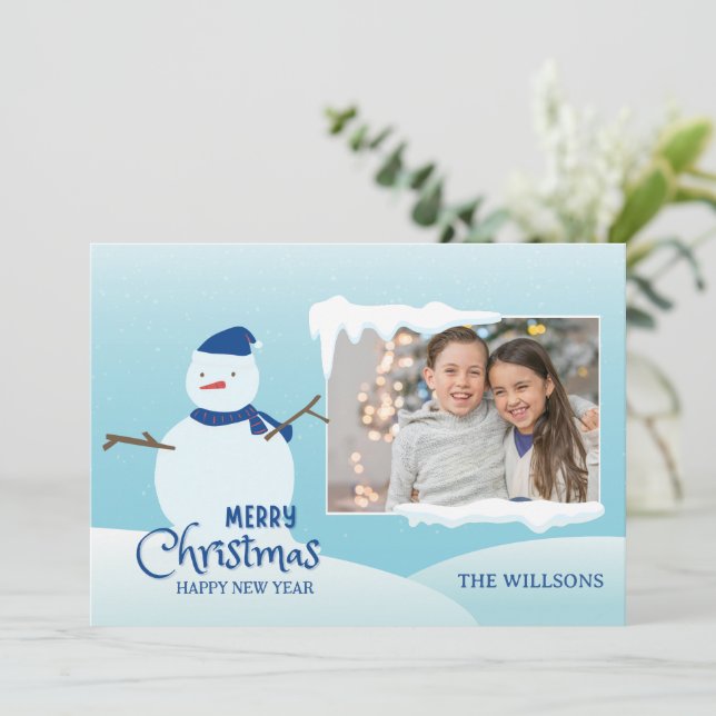 Snowman christmas winter photo  holiday card (Standing Front)