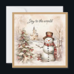 Snowman Classic Vintage Joy to World Holiday Card<br><div class="desc">Celebrate the season with this heartwarming Christmas card featuring a joyful snowman in a classic top hat, a beautifully decorated tree, and a quaint country church nestled in a peaceful winter landscape. With the timeless message "Joy to the World" on the front, this card is perfect for sending heartfelt wishes...</div>