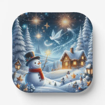 Snowman Cottage Winter Paper Plate