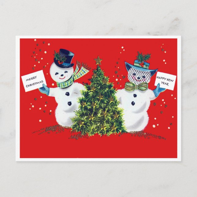 Snowman couple and a Christmas tree, vintage Postcard (Front)