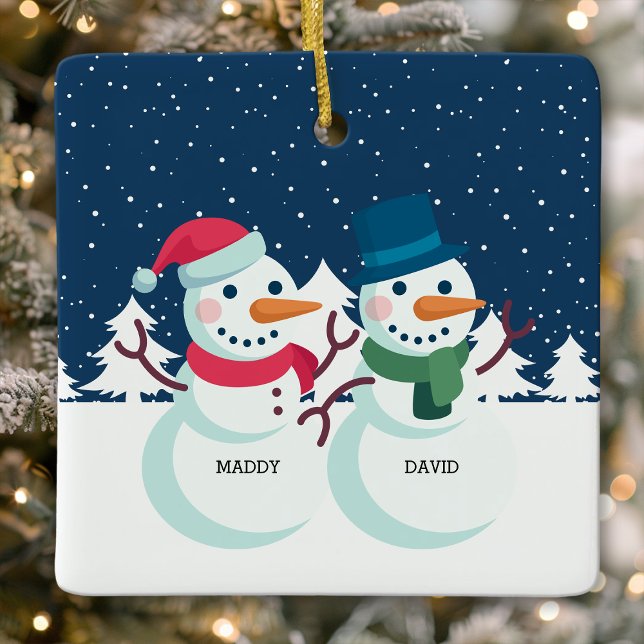 Snowman Couple Cute Personalized Christmas Ceramic Ornament (Creator Uploaded)