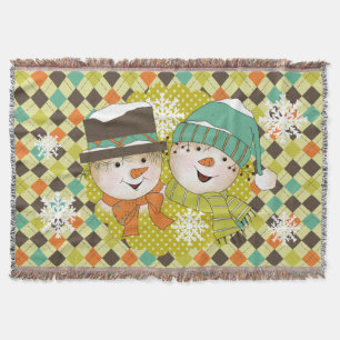 Snowman Couple Dots and Argyle Holiday Throw