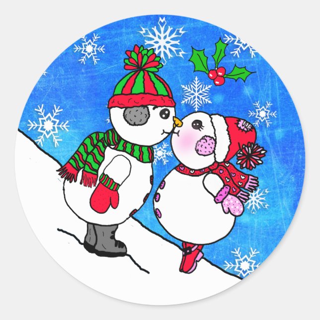 Snowman Couple Kissing under Mistletoe Christmas Classic Round Sticker (Front)