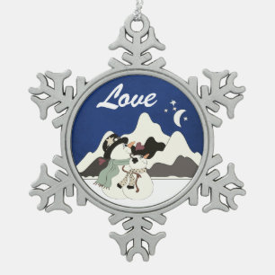 Snowman Couple LOVE Mountains and Moon Holiday Snowflake Pewter Christmas Ornament