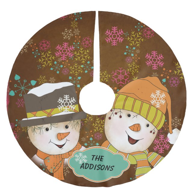 Snowman Couple Neon Snowflakes Holidays Tree Skirt (Front)