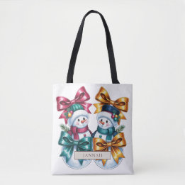 Snowman Couple Pink Gold Teal Bows Christmas Name Tote Bag